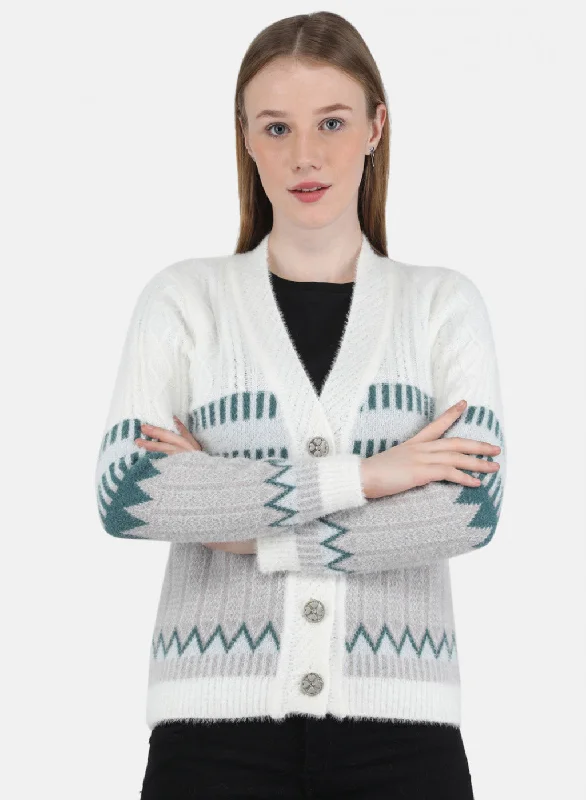 Vintage SweatersWomen White Self Design Cardigan