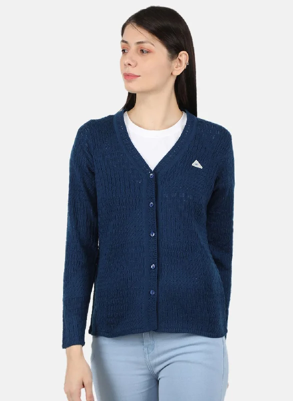 Colorful Comfortable Casual SweatersWomen Blue Self Design Cardigan