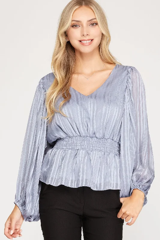 women's tops with sleeveless designsMISTY BLUE STRIPED JACQUARD SMOCKED WOVEN TOP S5SS7908