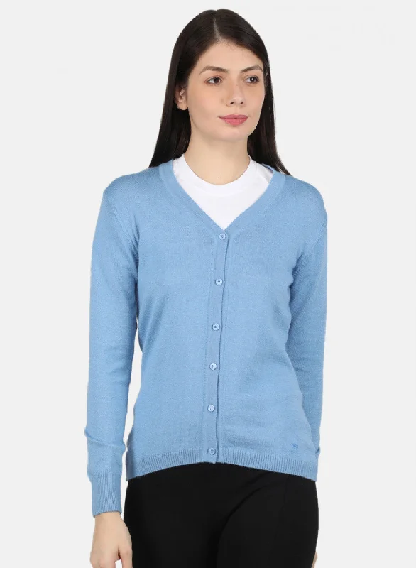 Stylish Flannel SweatersWomen Sky Blue Solid Cardigan