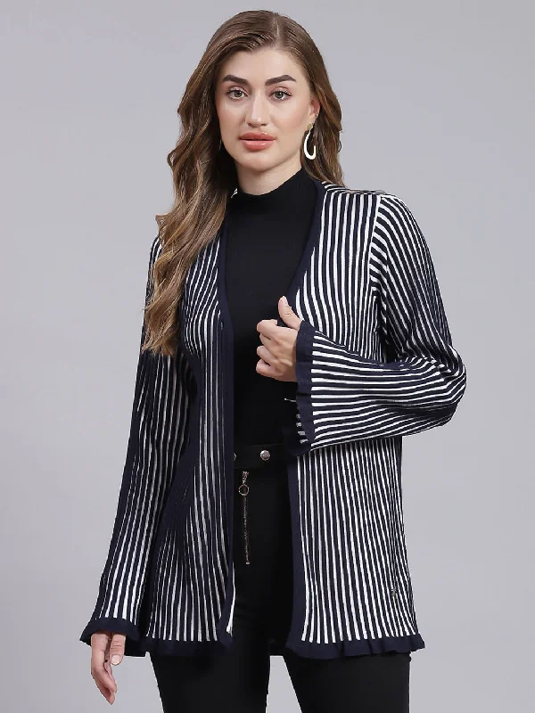 Fashionable Luxurious Chunky SweatersWomen Navy Blue Stripe Wool blend Cardigan