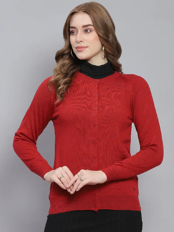 High-Neck SweatersWomen Red Solid Round Neck Full Sleeve Cardigans