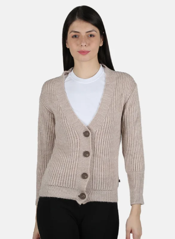 Thick Turtle-Neck Wool SweatersWomen Beige Self Design Cardigan