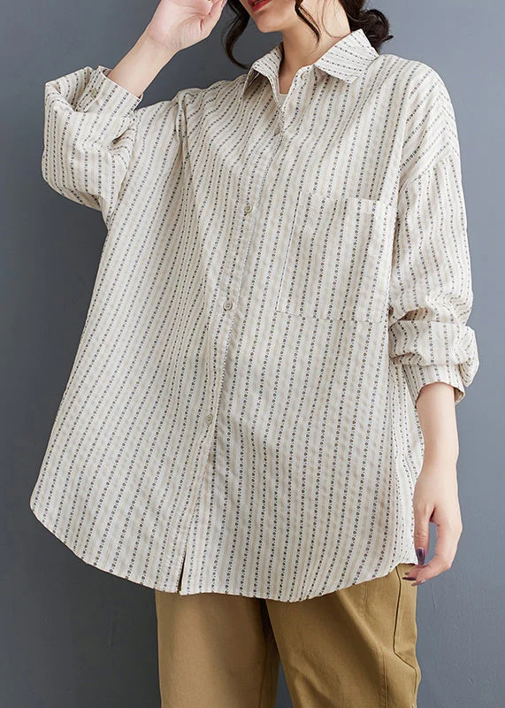 women's tops for those who want to create outfits that are both unique and memorableCasual White Peter Pan Collar Striped Loose Cotton Shirt Spring