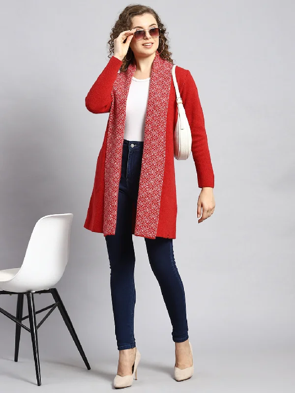 Flannel-Lined SweatersWomen Red Jaquard Cardigan