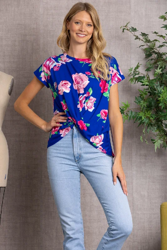 women's tops for evening soireesFLORAL PRINT TWISTED HEM TOP-ST1219