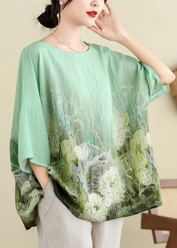 women's tops for wedding guest attirePlus Size Light Green O Neck Print Cotton T Shirt Batwing Sleeve