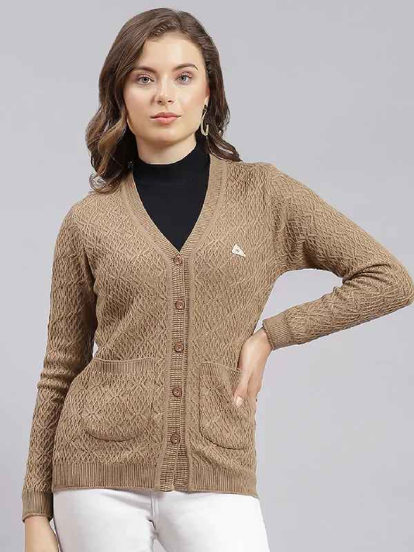 Soft Knitted SweatersWomen Beige Self Design Wool blend Cardigan