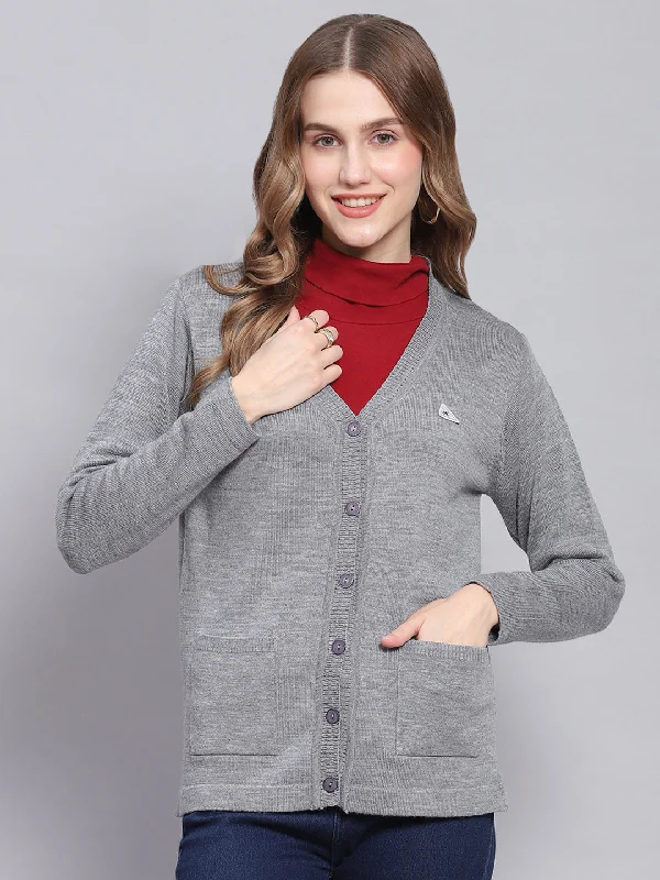 Colorful Comfortable Casual SweatersWomen Grey Melange Solid V Neck Full Sleeve Cardigans