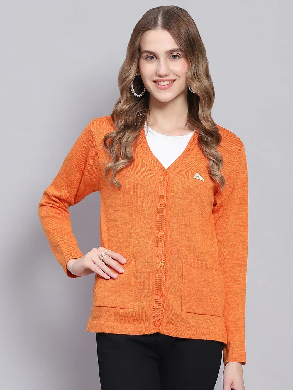 Wholesale Affordable Women's SweatersWomen Orange Solid V Neck Full Sleeve Cardigans