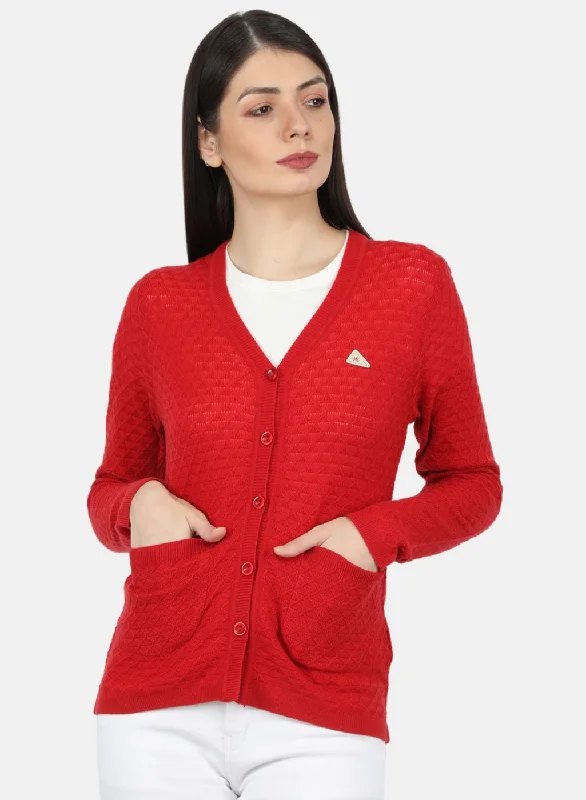 Discounted SweatersWomen Red Self Design Cardigan