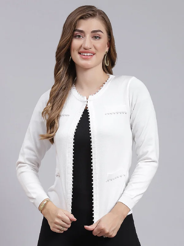 Fitted High-Quality Wool SweatersWomen White Solid Wool blend Cardigan