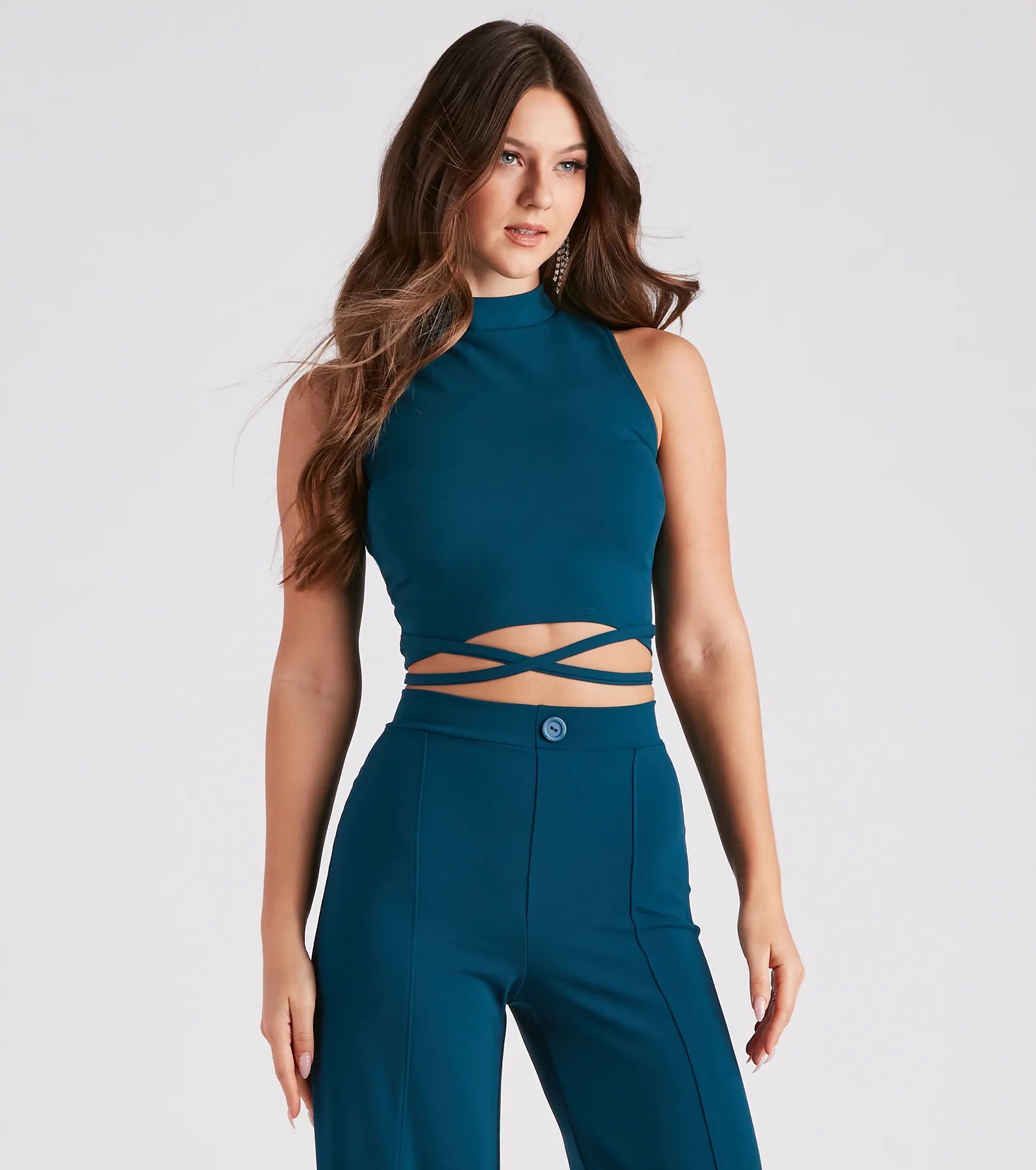 women's tops with lace-up frontsWrap Around You Crepe Crop Top