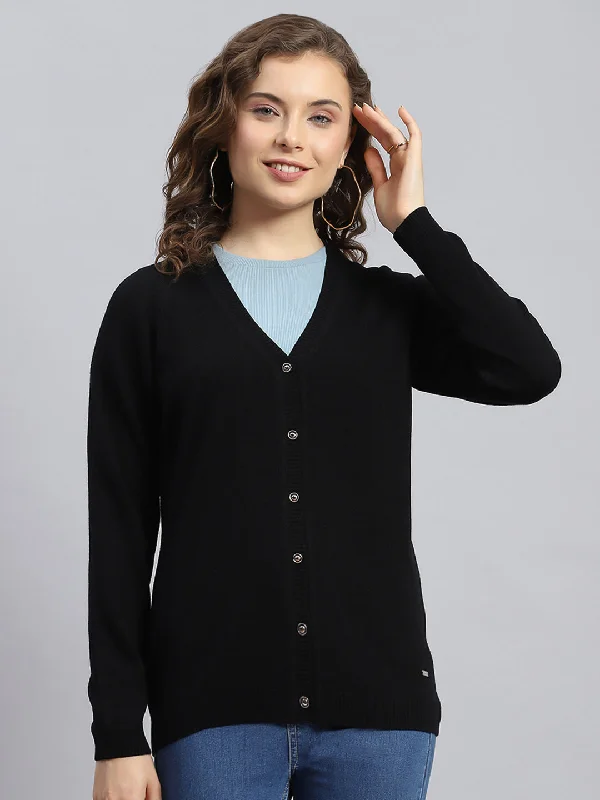 Stylish SweatersWomen Black Solid V Neck Full Sleeve Cardigans