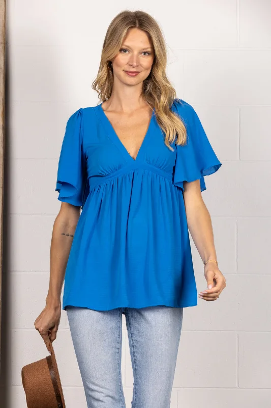 women's tops for wedding guest attireBLUE CHIFFON DEEP V-NECK BUTTERFLY SHORT SLEEVES TOP SY2376