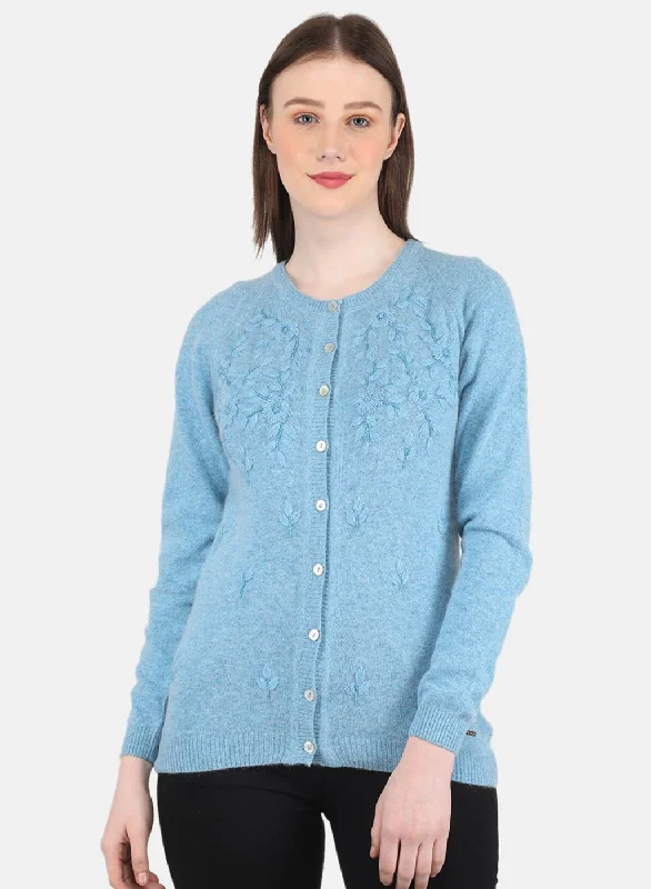 Pullover SweatersWomen Blue Self Design Cardigan