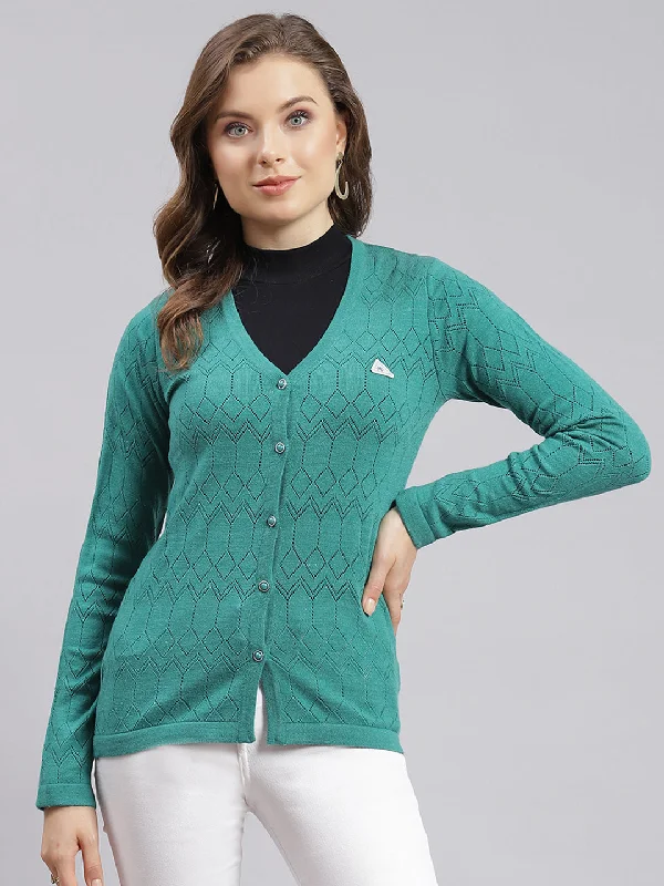 Cardigan SweatersWomen Sea Green Jaquard Wool blend Cardigan