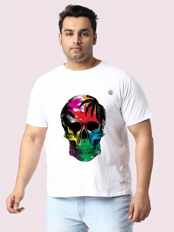 women's tops for evening soireesMen Plus Size White Tropical Skull Printed Round Neck T-Shirt