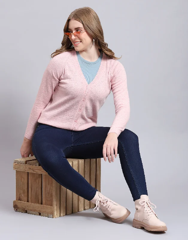 Plus-Size Quick-Dry Soft Knitted SweatersWomen Pink Solid V Neck Full Sleeve Cardigan