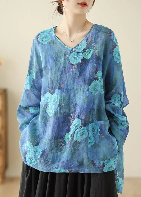 satin women's topsStyle Blue Oversized Floral Linen Shirt Tops Spring