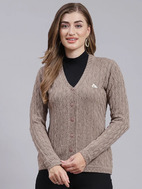 Luxurious SweatersWomen Brown Self Design Wool blend Cardigan