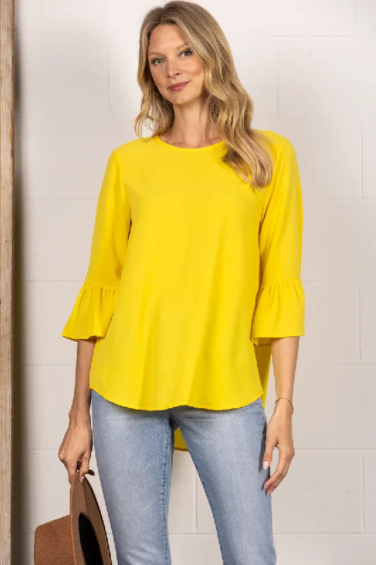 women's tops for those who want to stay on top of the latest fashion trends and wear pieces that are both stylish and on-trendYELLOW ROUND NECK RUFFLED BELL 3/4 SLEEVES TOP TY2305A