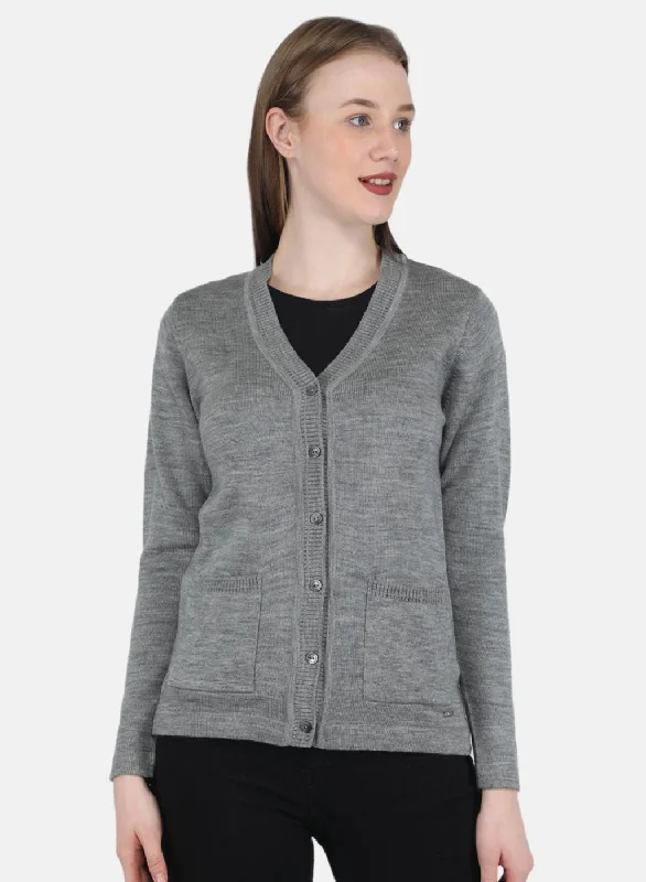 Flannel Patterned Cashmere SweatersWomen Grey Solid Cardigan