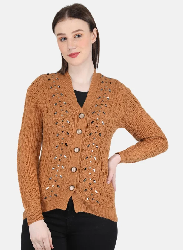 Women's SweatersWomen Orange Self Design Cardigan