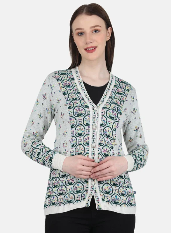 Colorful SweatersWomen White & Green Self Design Cardigan