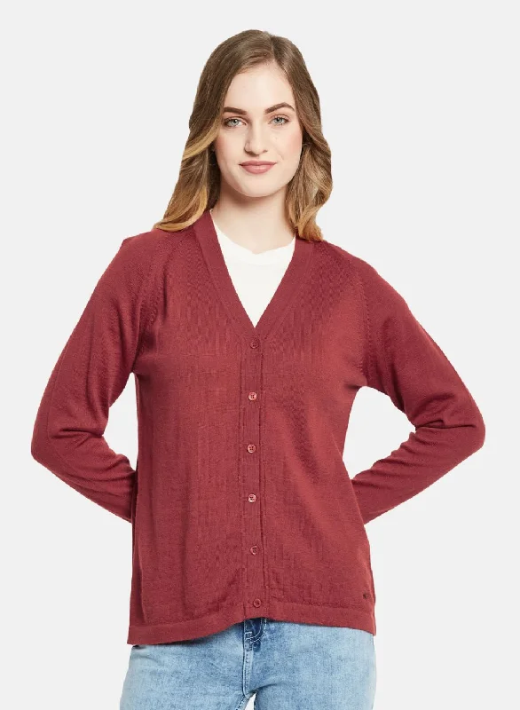 Stylish Flannel SweatersWomen Red Solid Cardigan