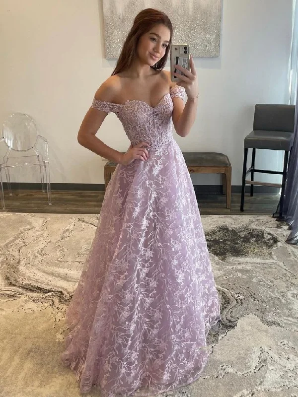 off-the-shoulder prom dressesOff Shoulder Lilac Lace Long Prom Dresses, Off the Shoulder Formal Dresses, Lilac Evening Dresses Y5340