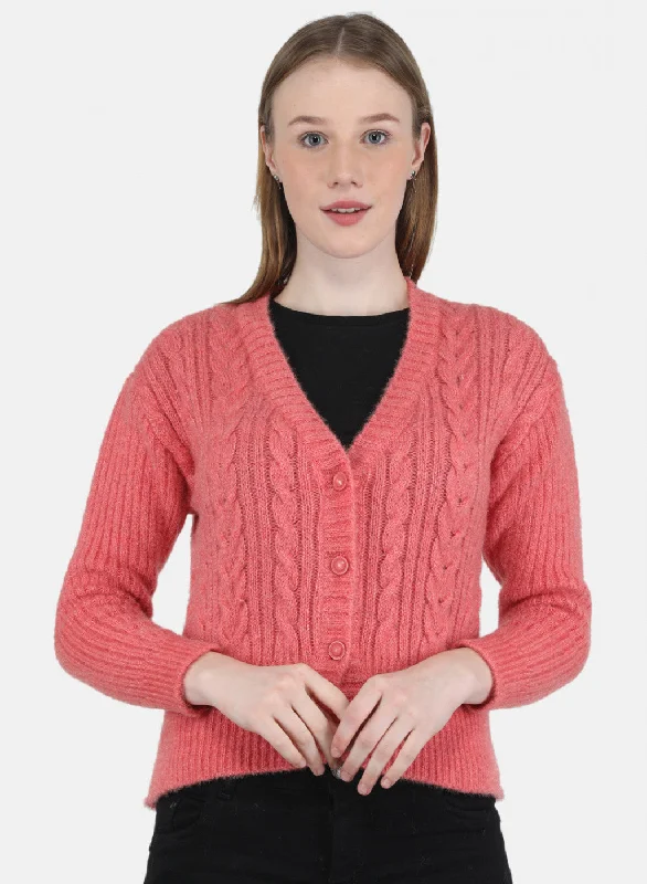 Men's SweatersWomen Pink Self Design Cardigan