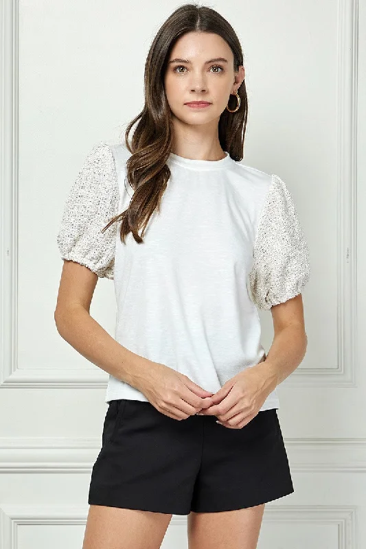 women's tops for those who want to add a touch of elegance and sophistication to their everyday wearWHITE ROUND NECK SEQUIN PUFF SHORT SLEEVES DETAILED KNIT TOP AVT51169K