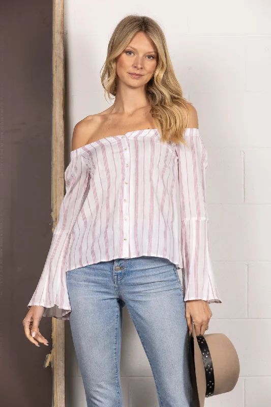 women's tops for those who want to stay warm and stylish during colder weatherRED STRIPE BELL OFF-SHOULDER BLOUSE TOP MTP7192