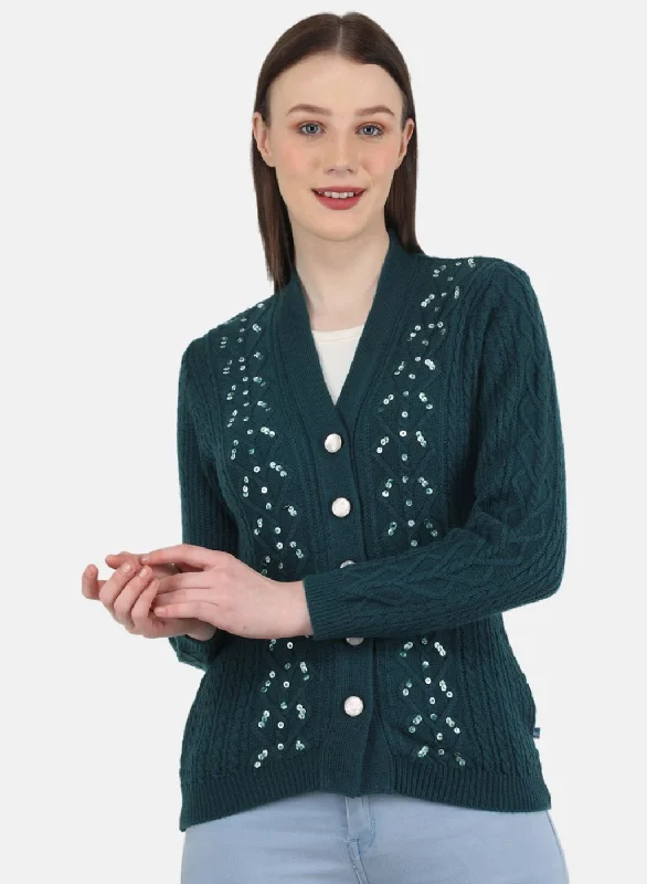 Elegant SweatersWomen Green Self Design Cardigan