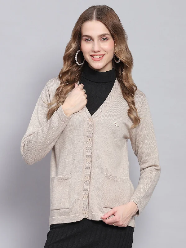 Luxurious Oversized Cardigan SweatersWomen Beige Solid V Neck Full Sleeve Cardigans