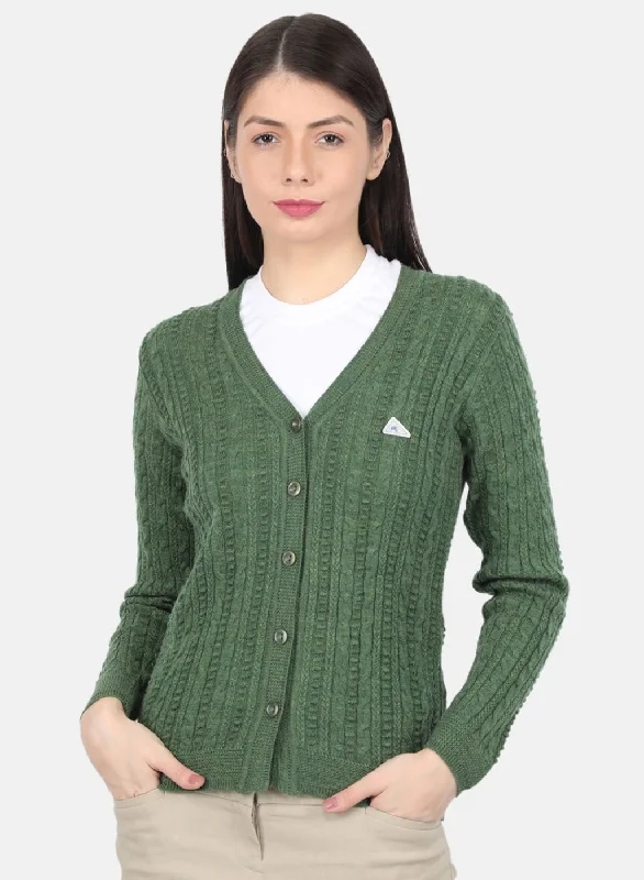 Flannel Knitted Crewneck SweatersWomen Olive Self Design Cardigan