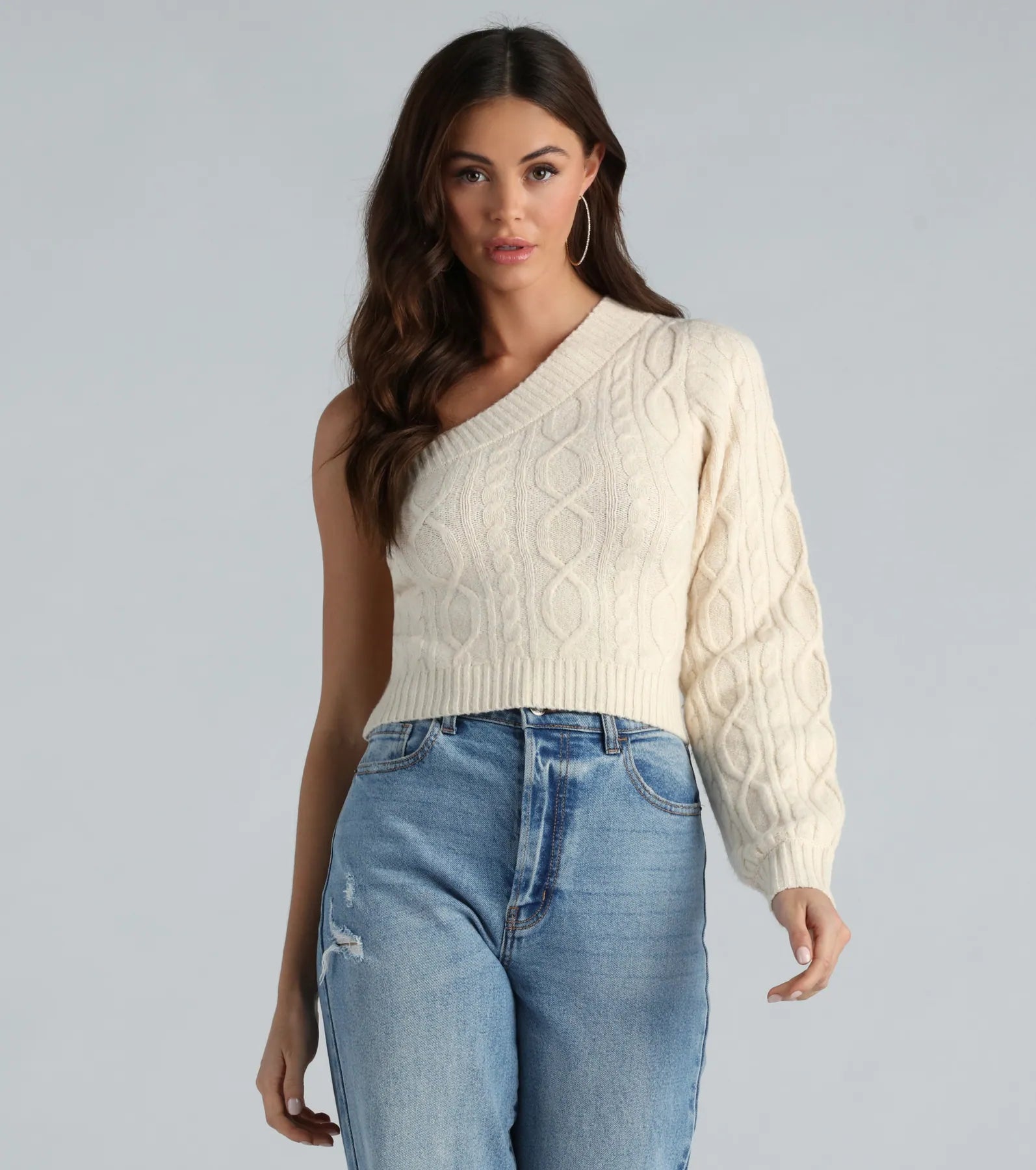 luxury women's topsBetter Half Cable Knit One Shoulder Sweater Top