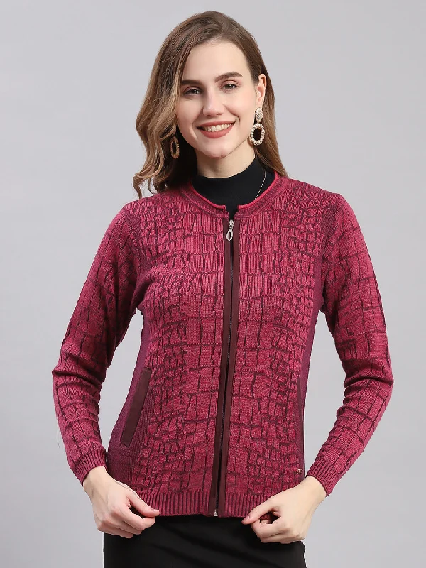 Thick SweatersWomen Pink Self Design Round Neck Full Sleeve Cardigans