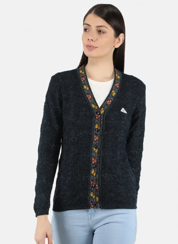 Flannel Patterned Cashmere SweatersWomen Navy Blue Self Design Cardigan