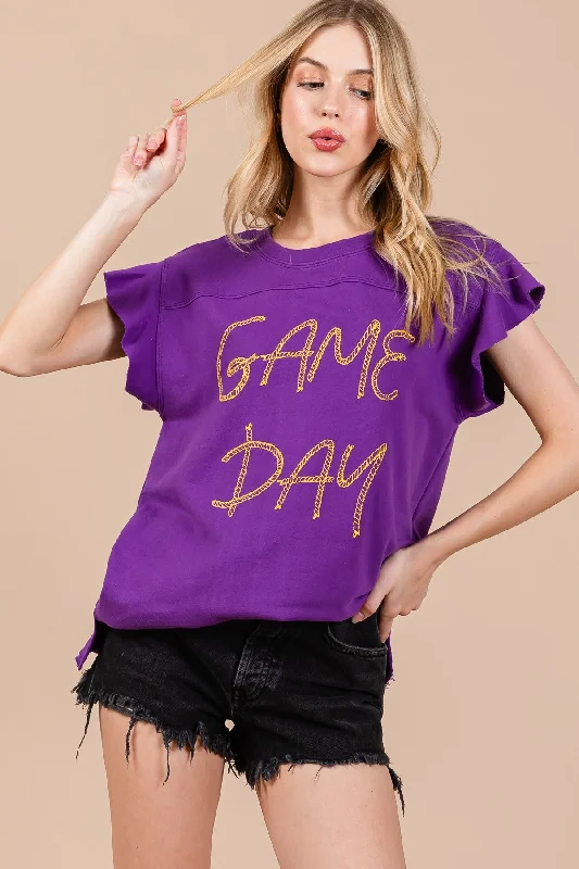 women's tops for those who want to stay warm and stylish during colder weatherPURPLE GAME DAY PRINT RUFFLED SLEEVES TOP CFTT3656SPA