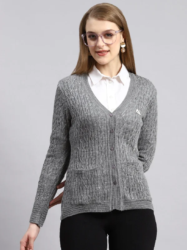 Fair Isle SweatersWomen Grey Self Cardigan