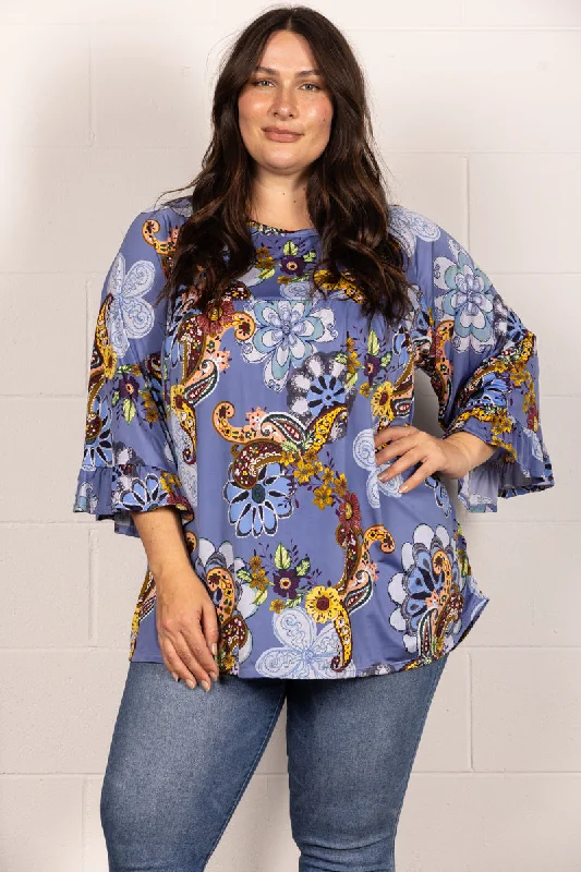 women's tops with sequin embellishmentsBLUE PAISLEY PRINT RAGLAN 3/4 SLEEVES PLUS SIZE TOP TP2017