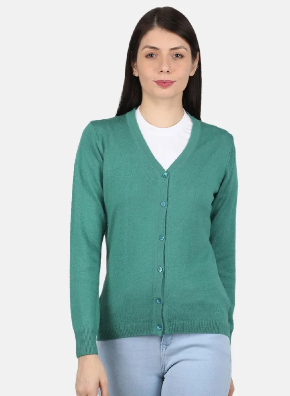 Knitted Crewneck SweatersWomen Green Solid Cardigan