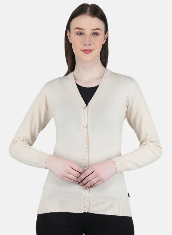 Embellished SweatersWomen Beige Self Design Cardigan