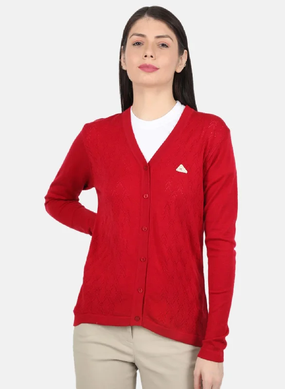 Thick SweatersWomen Red Self Design Cardigan