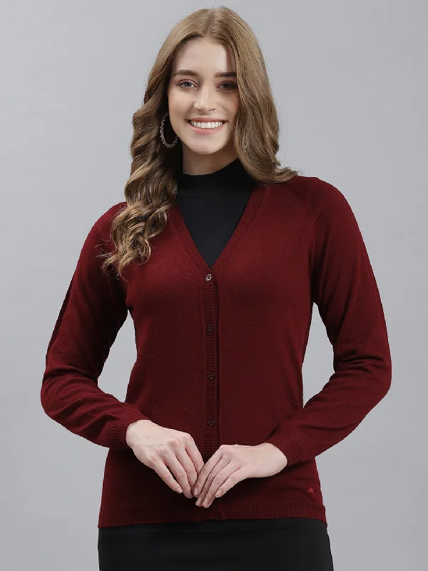 Crewneck Designer Fair Isle SweatersWomen Maroon Solid Cardigan