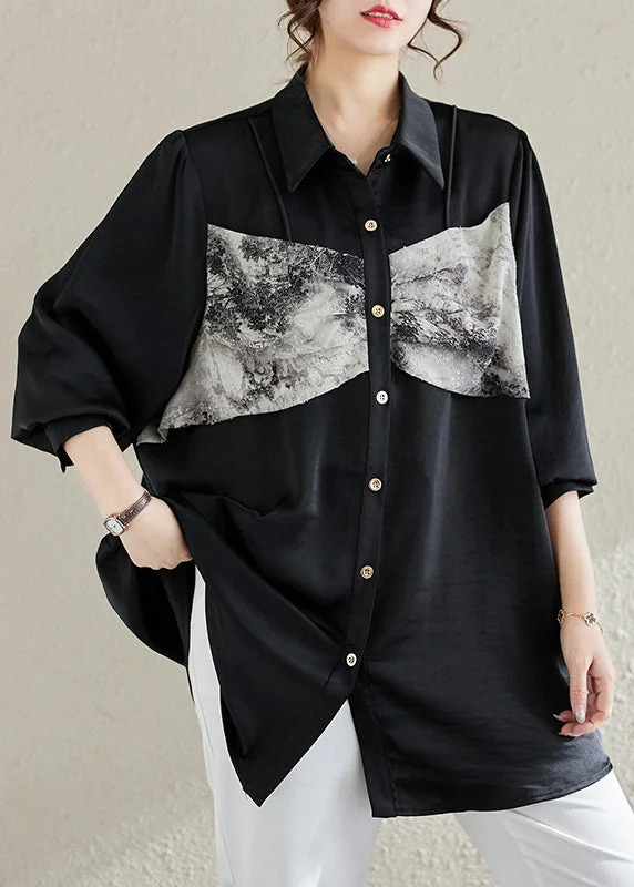 women's tops for casual FridaysBlack Patchwork Chiffon Shirt Top Tie Dye Spring