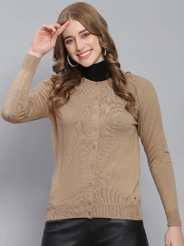 Custom SweatersWomen Brown Solid Round Neck Full Sleeve Cardigans