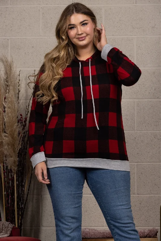 tank tops for womenRED PLAID DRAWSTRING HOODIE  PLUS SIZE TOP-ST1850